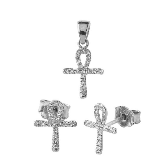 Mini Diamond Ankh Cross Pendant Necklace Set in White Gold