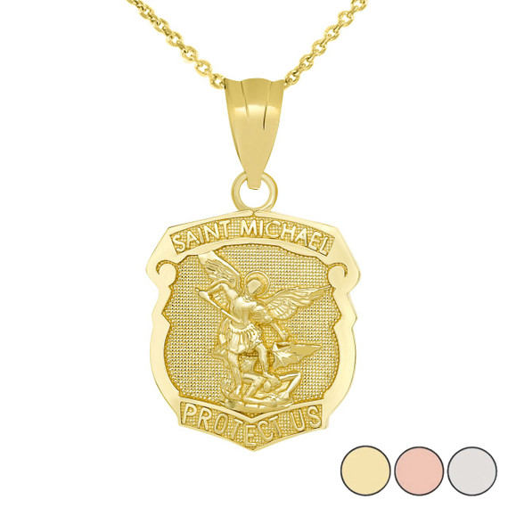 Saint Michael Protect Us Shield Pendant Necklace in Gold (Yellow/Rose/White)