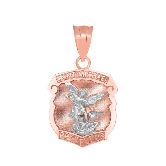 Saint Michael Protect Us Shield Pendant Necklace in Two Tone Rose Gold