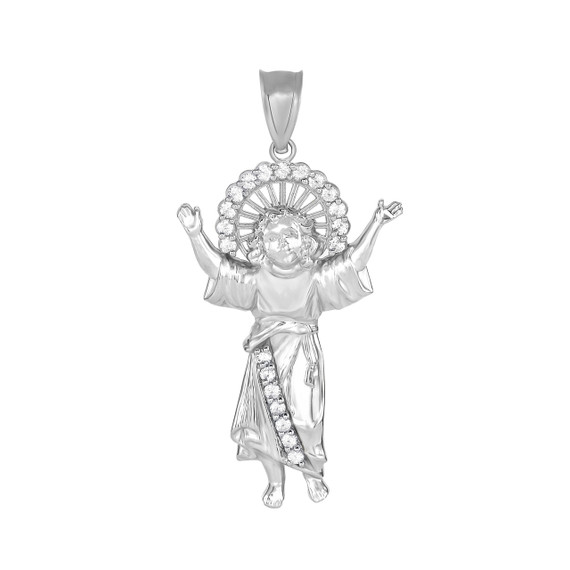 Divino Nino Jesus with CZ Pendant Necklace in .925 Sterling Silver (Medium)