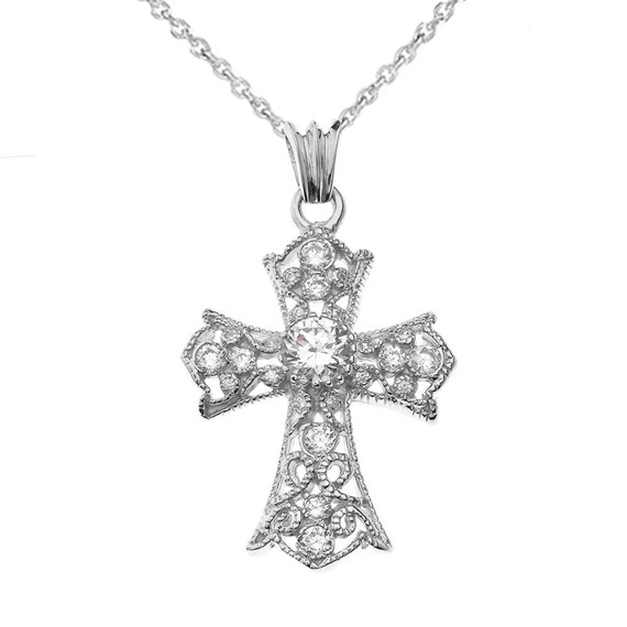 CZ Filigree Cross Pendant Necklace in Sterling Silver