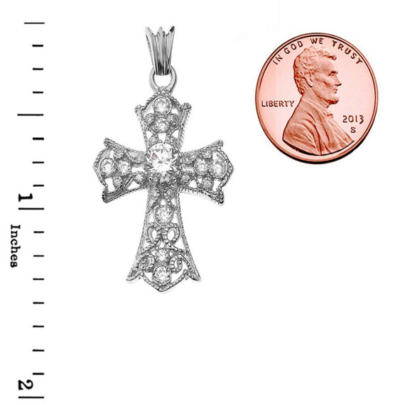 CZ Filigree Cross Pendant Necklace in White Gold
