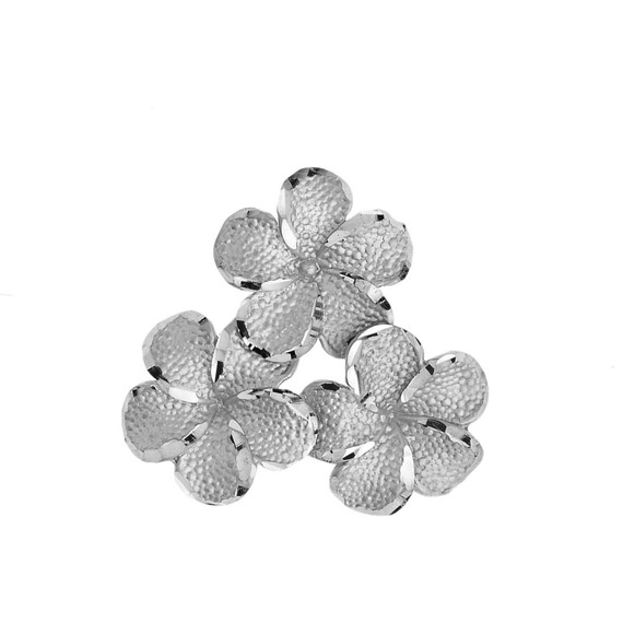 White Gold 3 Hawaiian Plumeria Flower Petal Textured Pendant