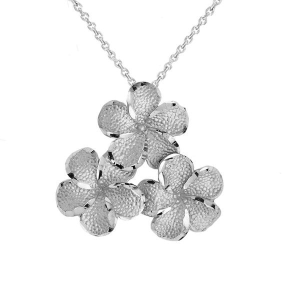 .925 Sterling Silver 3 Hawaiian Plumeria Flower Petal Textured Pendant Necklace