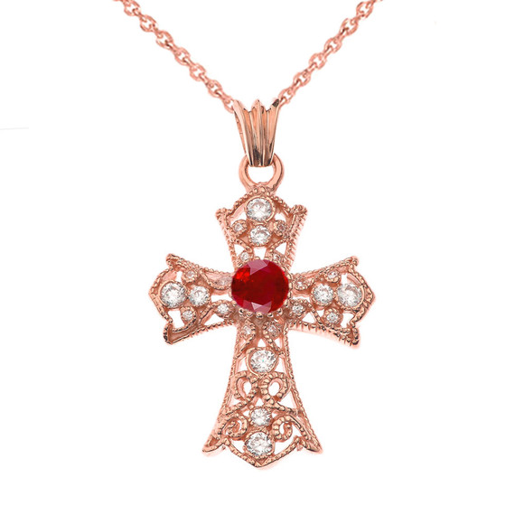 Personalized Birthstone  Filigree Cross Pendant Necklace in Rose Gold