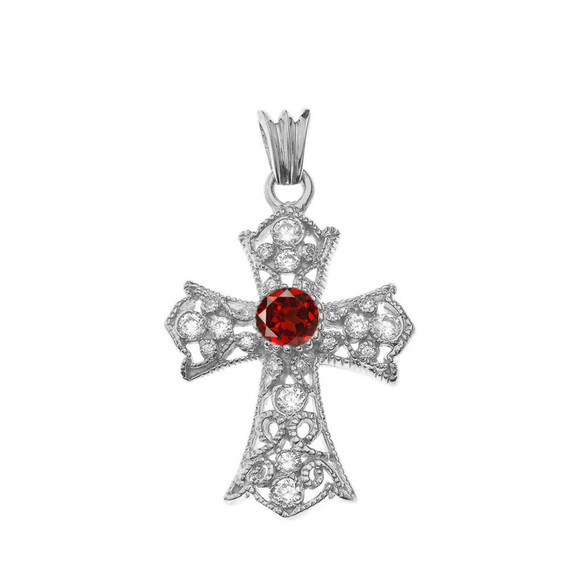 Personalized Birthstone  Filigree Cross Pendant Necklace in White Gold