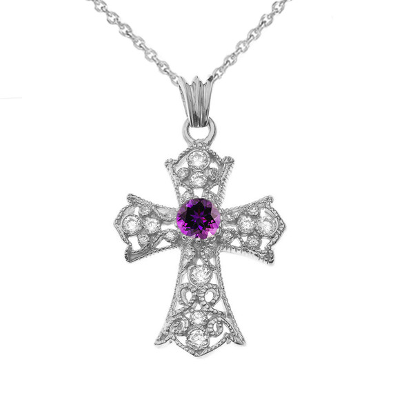 Personalized Birthstone  Filigree Cross Pendant Necklace in White Gold