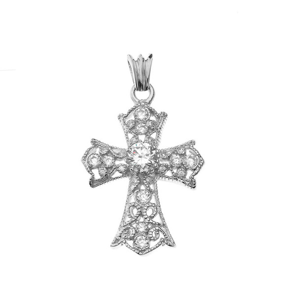 Personalized Birthstone  Filigree Cross Pendant Necklace in White Gold