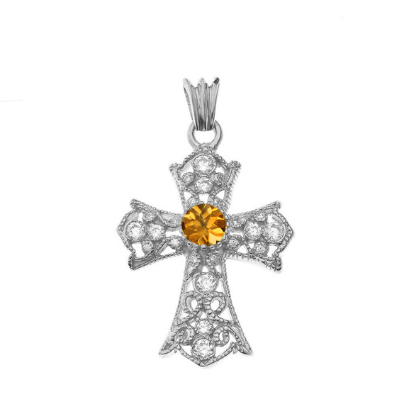 Personalized Birthstone  Filigree Cross Pendant Necklace in White Gold