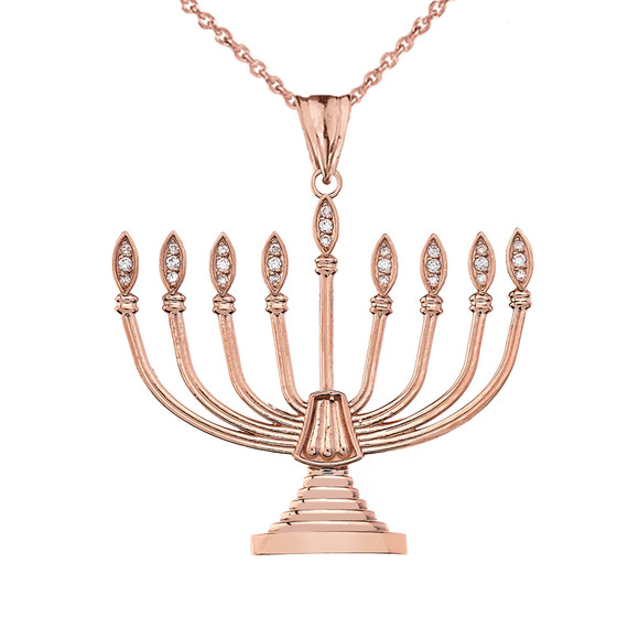 Diamond Hanukkah Menorah Pendant Necklace in Yellow/Rose/White Gold