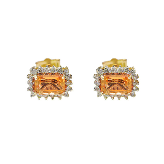 Gold 10K Emerald Cut Citrine and Diamond Halo Earrings(Available in Yellow/Rose/White Gold)