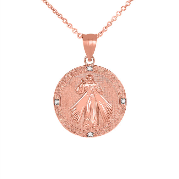 Divine Mercy Round Medallion with Diamonds Pendant Necklace in Gold (Yellow/Rose/White)