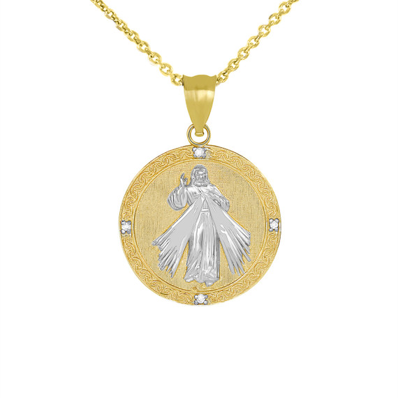 Divine Mercy Round Medallion with Diamonds Pendant Necklace in Two Tone Yellow Gold