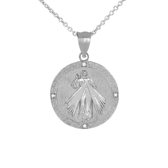 Divine Mercy Round Medallion with CZ Pendant Necklace in .925 Sterling Silver