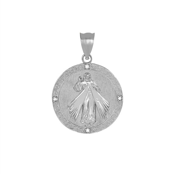 Divine Mercy Round Medallion with CZ Pendant Necklace in .925 Sterling Silver