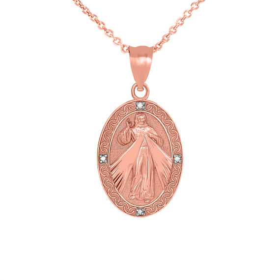 Divine Mercy Oval Medallion with Diamonds Pendant Necklace in Gold (Yellow/Rose/White)