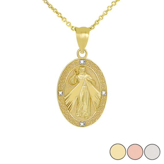 Divine Mercy Oval Medallion with Diamonds Pendant Necklace in Gold (Yellow/Rose/White)