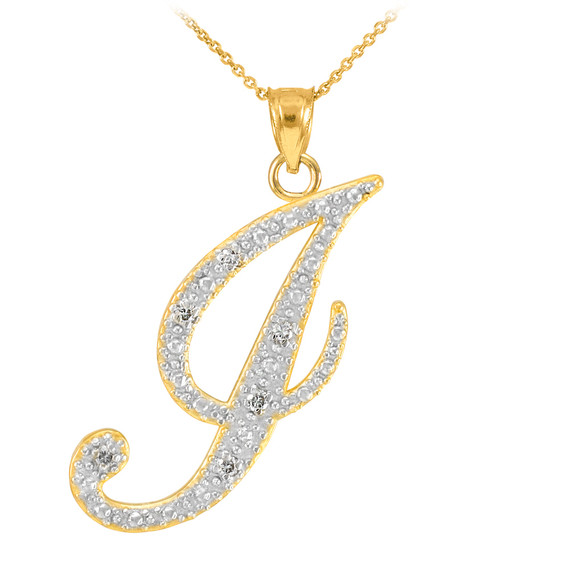 14K Yellow Gold Cursive Letter Script "I" Diamond Initial Pendant Necklace