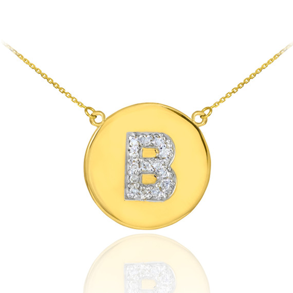 14k Yellow Gold "B" Initial Diamond Disc Double-Mount Necklace.

14 diamonds total weight: 0.17 ct

Diamond clarity: SI1-2

Diamond color: G-H

14k Pendant weight: 1.7 grams

14k Double-mount necklace weight (including weight of pendant and depending on chain length) is approximately 2.7 grams.