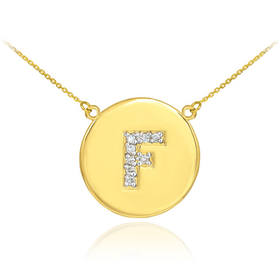 14k Yellow Gold "F" Initial Diamond Disc Double-Mount Necklace.

8 diamonds total weight: 0.1 ct

Diamond clarity: SI1-2

Diamond color: G-H

14k Pendant weight: 1.5 grams

14k Double-mount necklace weight (including weight of pendant and depending on chain length) is approximately 2.5 grams.