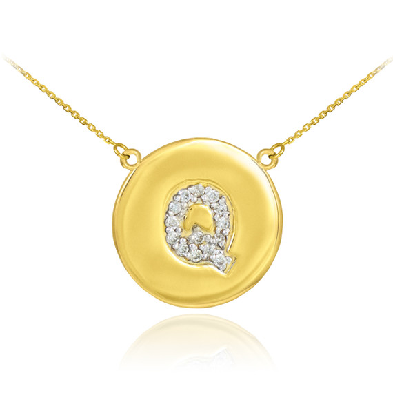 14k Yellow Gold "Q" Initial Diamond Disc Double-Mount Necklace.

13 diamonds total approximate weight: 0.13 ct

Diamond clarity: SI1-2

Diamond color: G-H

14k Pendant weight: 1.5 grams

14k Double-mount necklace weight (including weight of pendant and depending on chain length) is approximately 2.5 grams.