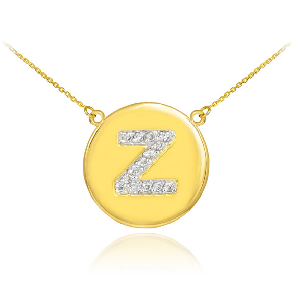 14k Yellow Gold "Z" Initial Diamond Disc Double-Mount Necklace.

14 diamonds total approximate weight: 0.18 ct

Diamond clarity: SI1-2

Diamond color: G-H

14k Pendant weight: 1.5 grams

14k Double-mount necklace weight (including weight of pendant and depending on chain length) is approximately 2.5 grams.