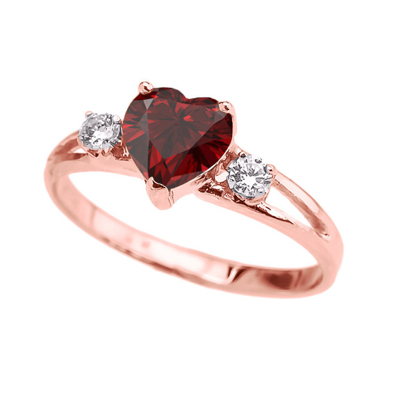 Rose Gold Garnet Birthstone Heart Promise Engagement Ring