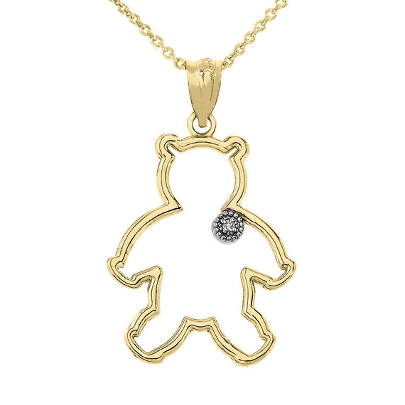 Diamond Outline Teddy Bear Pendant Necklace in Gold (Yellow/ Rose/White)