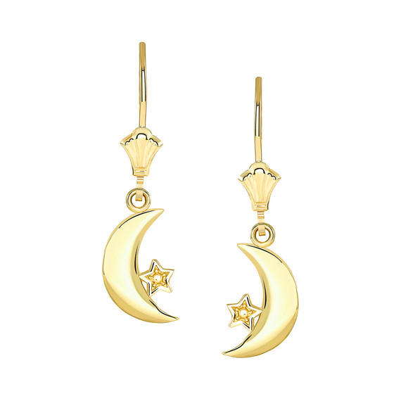 Crescent Moon and Star Leverback Earrings(Available in Yellow/Rose/White Gold)