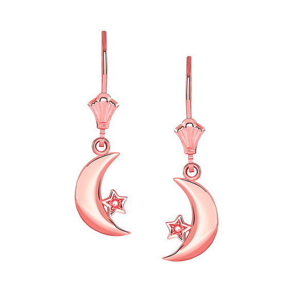 Crescent Moon and Star Leverback Earrings(Available in Yellow/Rose/White Gold)