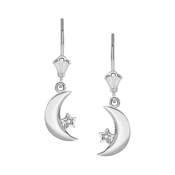 Crescent Moon and Star Leverback Earrings in Sterling Silver