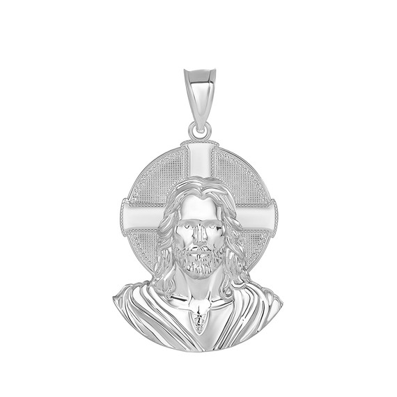 Jesus Solid Halo Small Pendant Necklace in Sterling Silver (1.20 in)