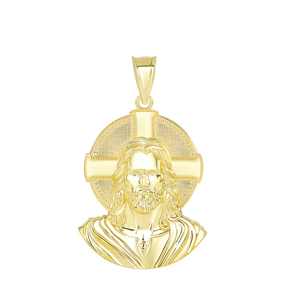 Jesus Solid Halo Large Pendant Necklace in Gold (Yellow/ Rose/White) (1.50 in)