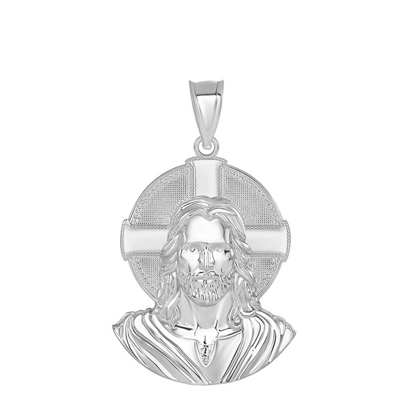 Jesus Solid Halo Large Pendant Necklace in Sterling Silver (1.50 in)