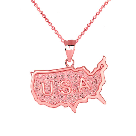 Engraved USA Map Pendant Necklace in Gold (Yellow/ Rose/White)
