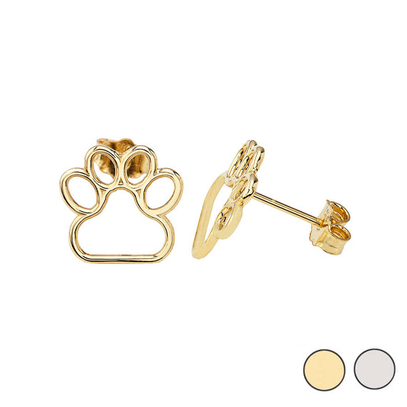 14K (Yellow/White) Gold Dainty Dog Paw Print Earrings