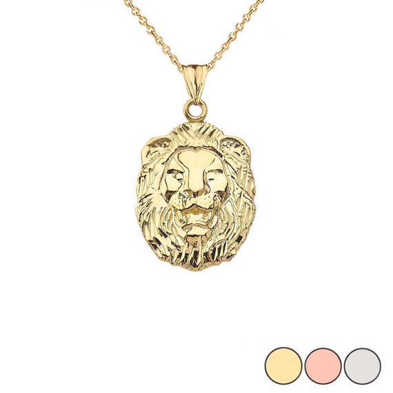 Diamond Cut Lion Pendant Necklace In Gold (Yellow/Rose/White)