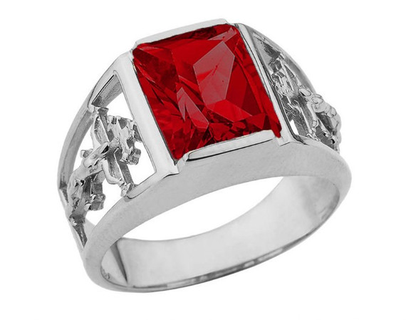 14K White Gold Custom Garnet Birthstone Cross Ring