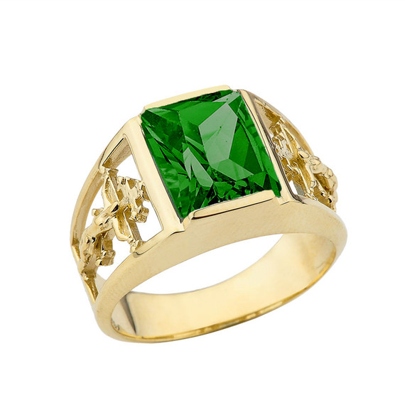 14K Yellow Gold Custom Emerald Birthstone Cross Ring