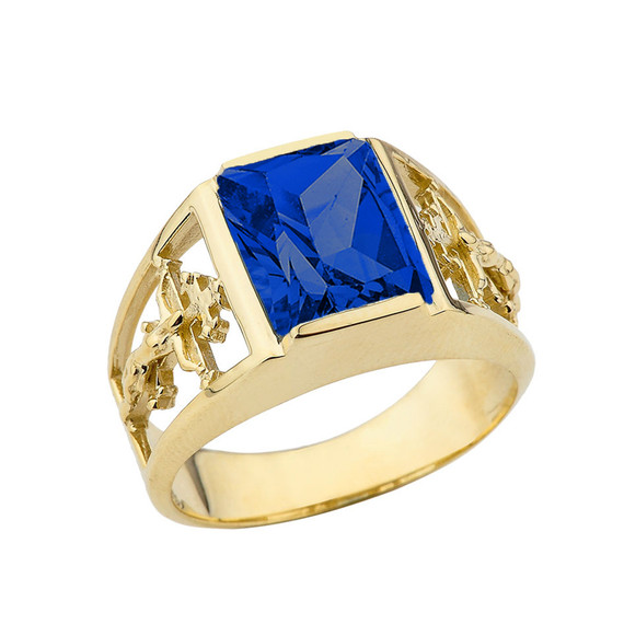 14K Yellow Gold Custom Blue Sapphire Birthstone Cross Ring