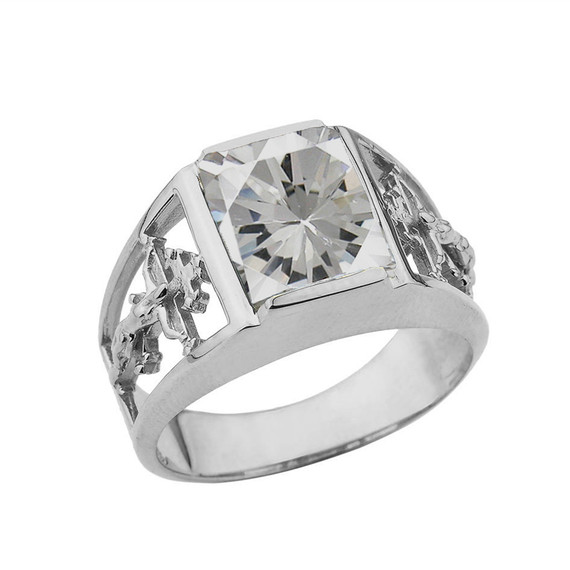 Orthodox Cross Mens Ring With  Personalized  (LC)  Birthstone In 10K White Gold