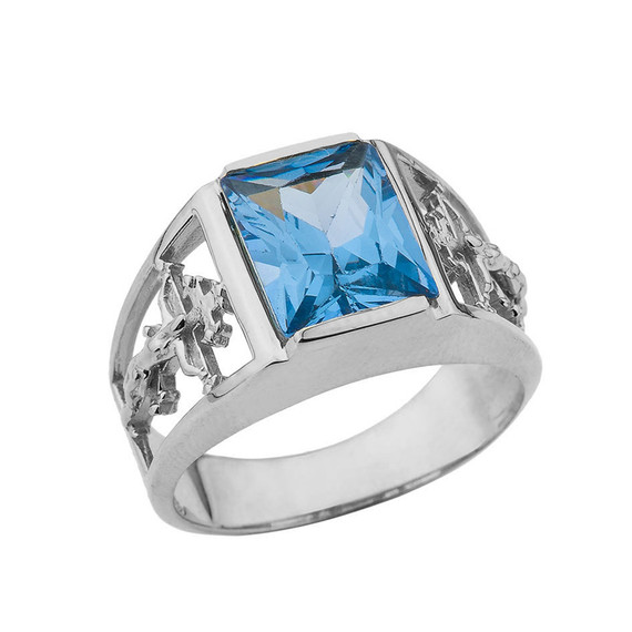 Orthodox Cross Mens Ring With  Personalized  (LC)  Birthstone In 14K White Gold