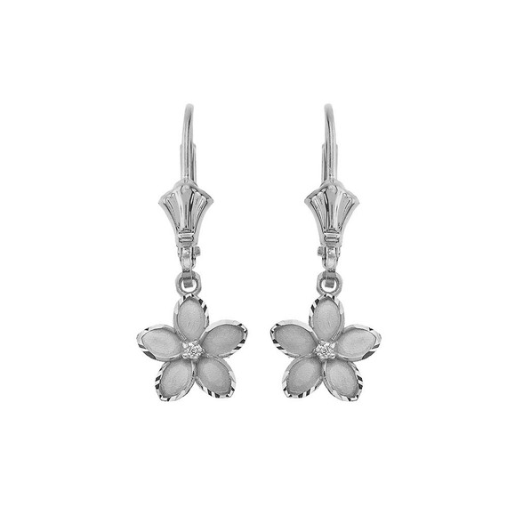 Small Plumeria Flower Diamond Leverback Earrings (0.95")(Available in Yellow/Rose/White Gold)