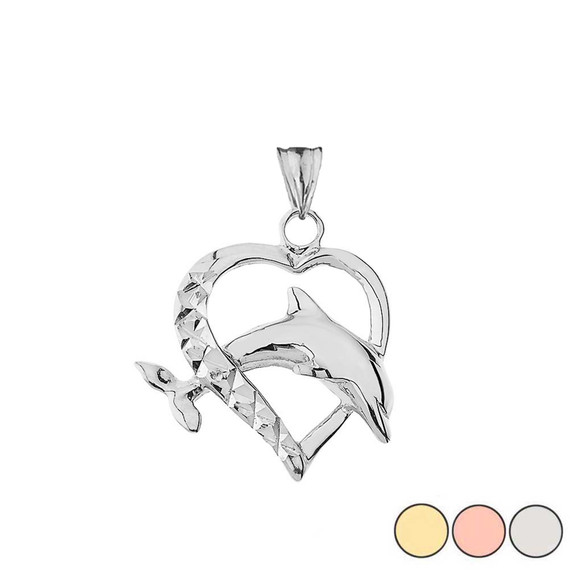 Heart Dolphin Love Pendant Necklace in Gold (Yellow/Rose/White)