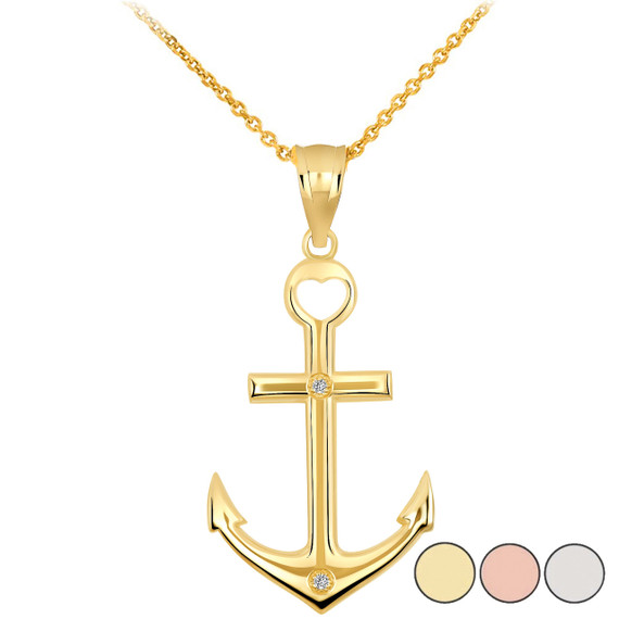 High Polished Sea Anchor Diamond Pendant Necklace in Gold (Yellow/ Rose/White)
