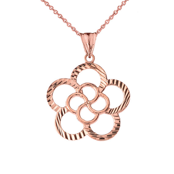 Rose Gold Diamond Cut Flower Pendant Necklace