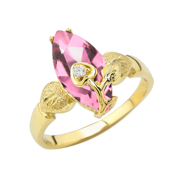 Personalized (LC) Birthstone Marquise Flower Heart Ring In 14K Yellow Gold