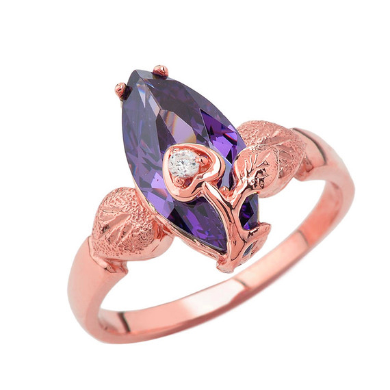 Personalized (LC) Birthstone Marquise Flower Heart Ring In 14K Rose Gold