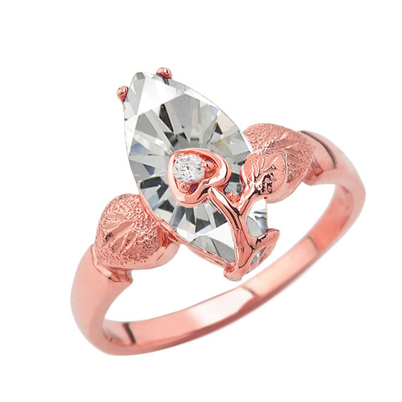 Personalized (LC) Birthstone Marquise Flower Heart Ring In 14K Rose Gold