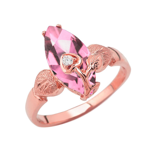 Personalized (LC) Birthstone Marquise Flower Heart Ring In 14K Rose Gold